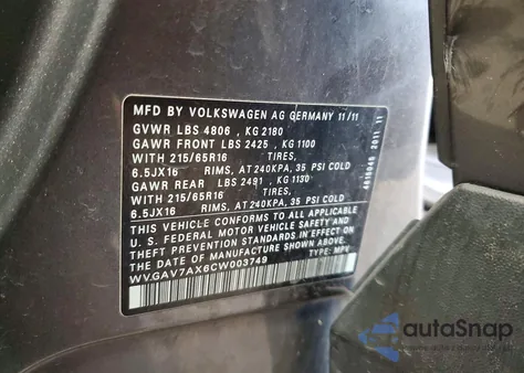 2012 Volkswagen Tiguan S из США, поврежденный, VIN WVGAV7AX6CW003749